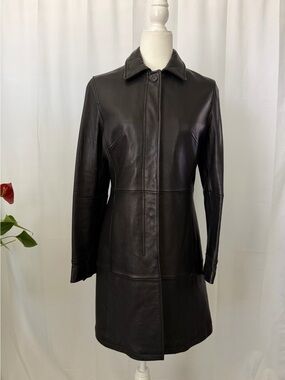 Tahari Black Leather Long Coat with Collared Neck